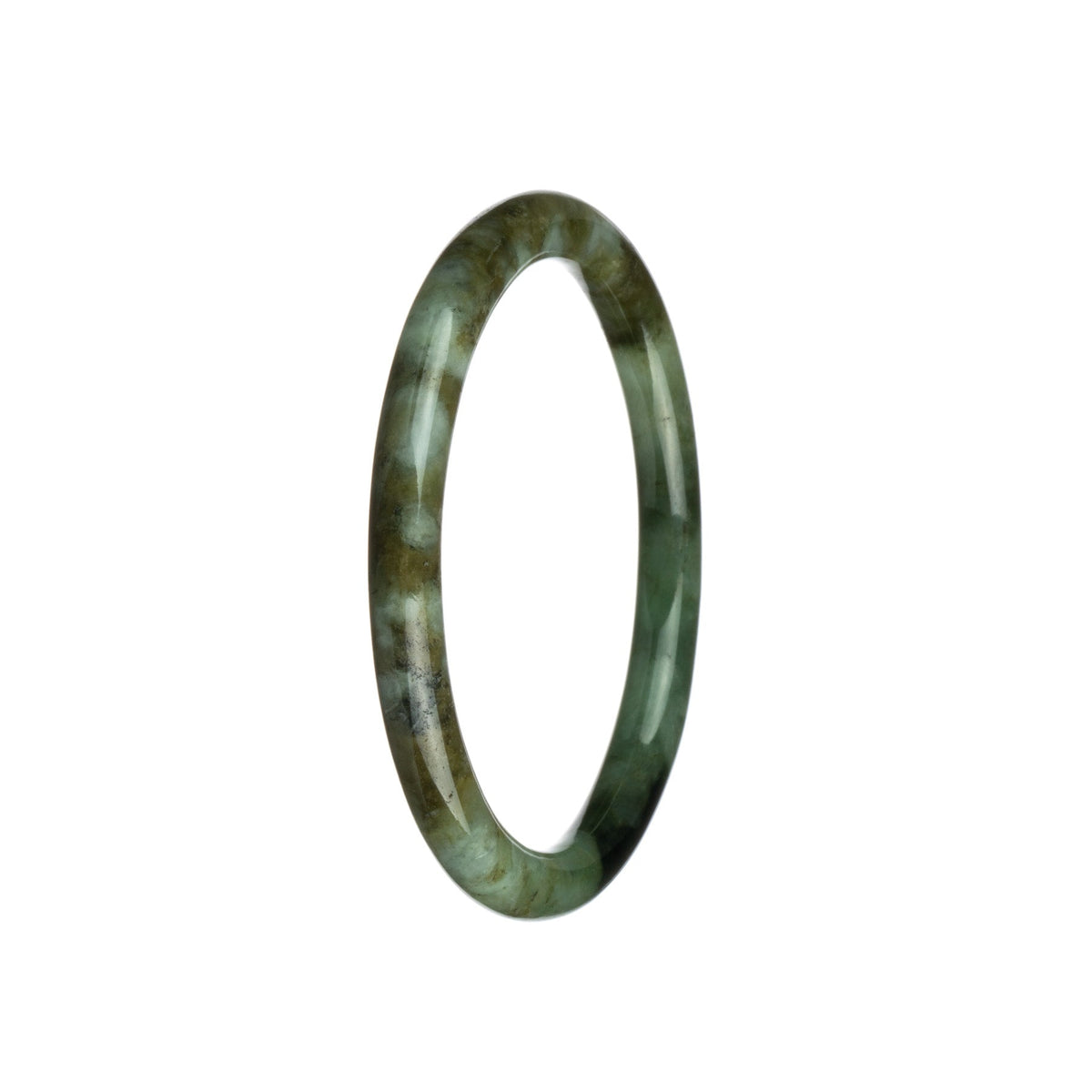 A close-up image of a petite round jadeite bangle featuring a genuine Type A green, brown, and white pattern. The bangle measures 61mm in size and is made by MAYS™.