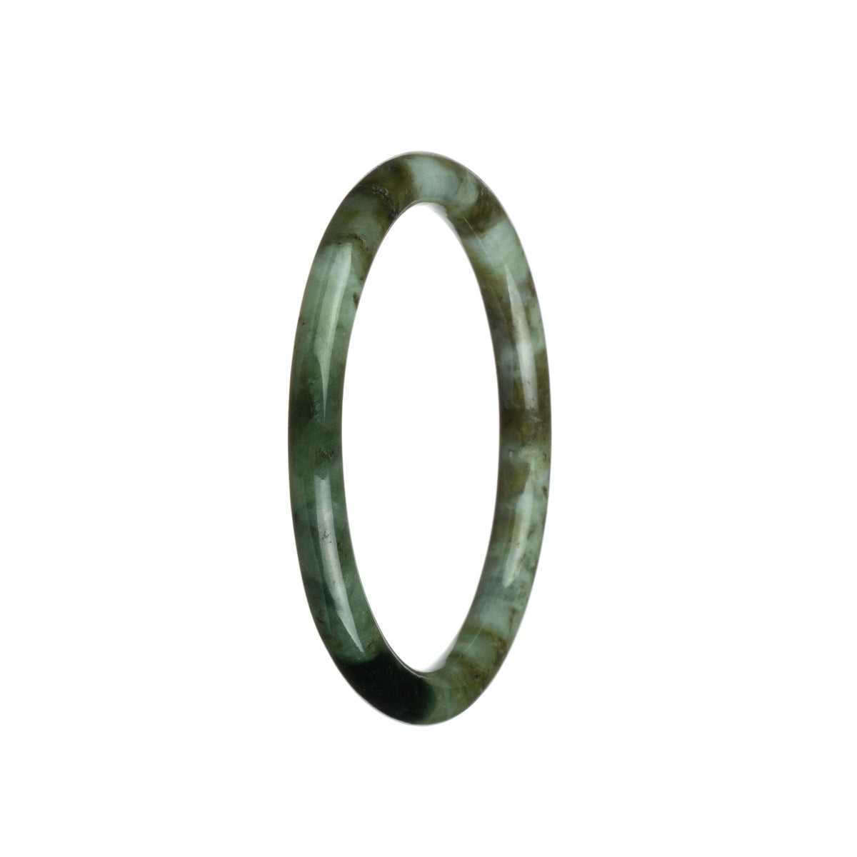 A bracelet made of genuine natural Burma Jade with a beautiful green, brown, and white pattern. The bracelet is petite round in shape, measuring 61mm. Sold by MAYS.