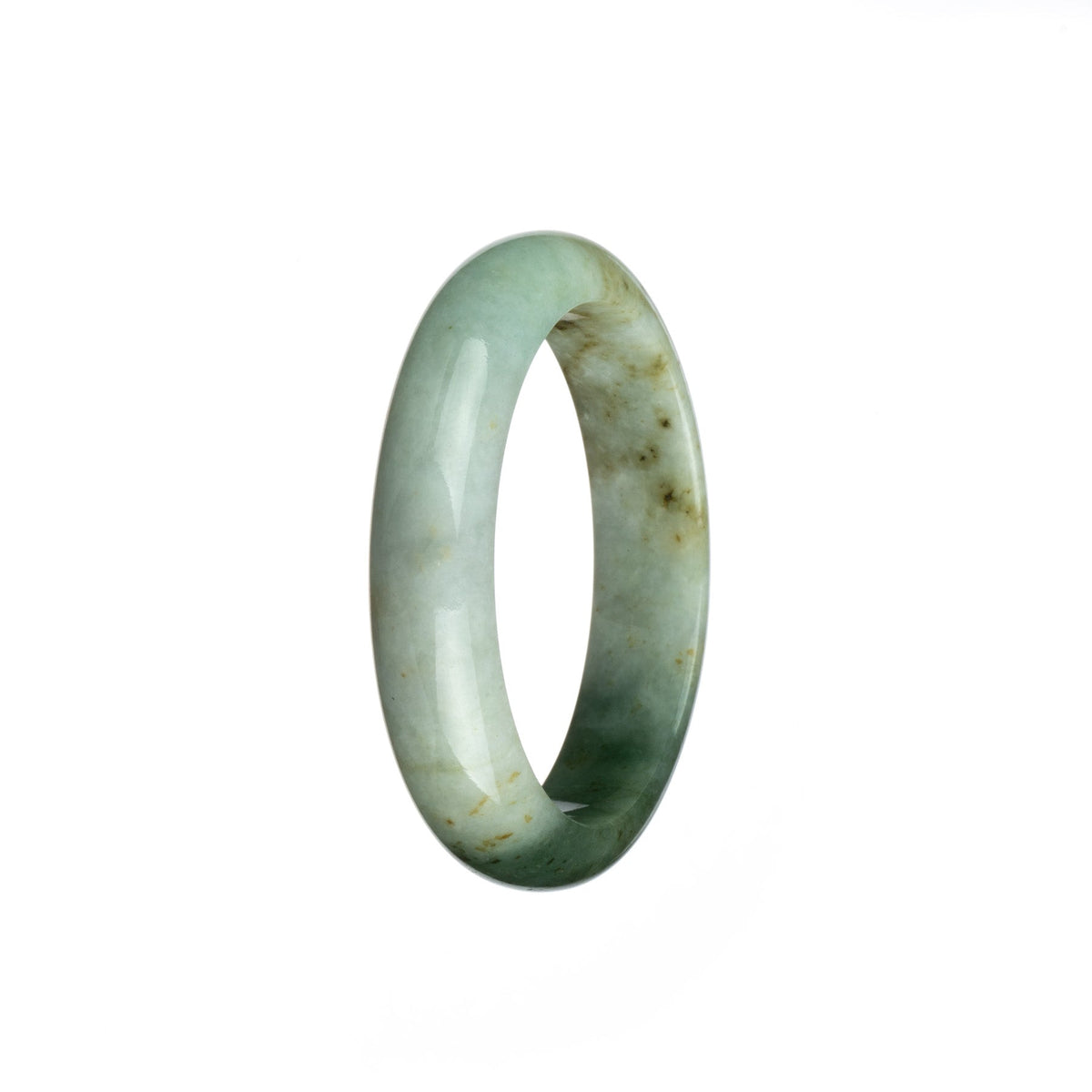 A beautiful half moon shaped jade bracelet with a mix of white and green colors, made from genuine Type A White and Green Burma Jade. Perfect for adding a touch of elegance to any outfit.