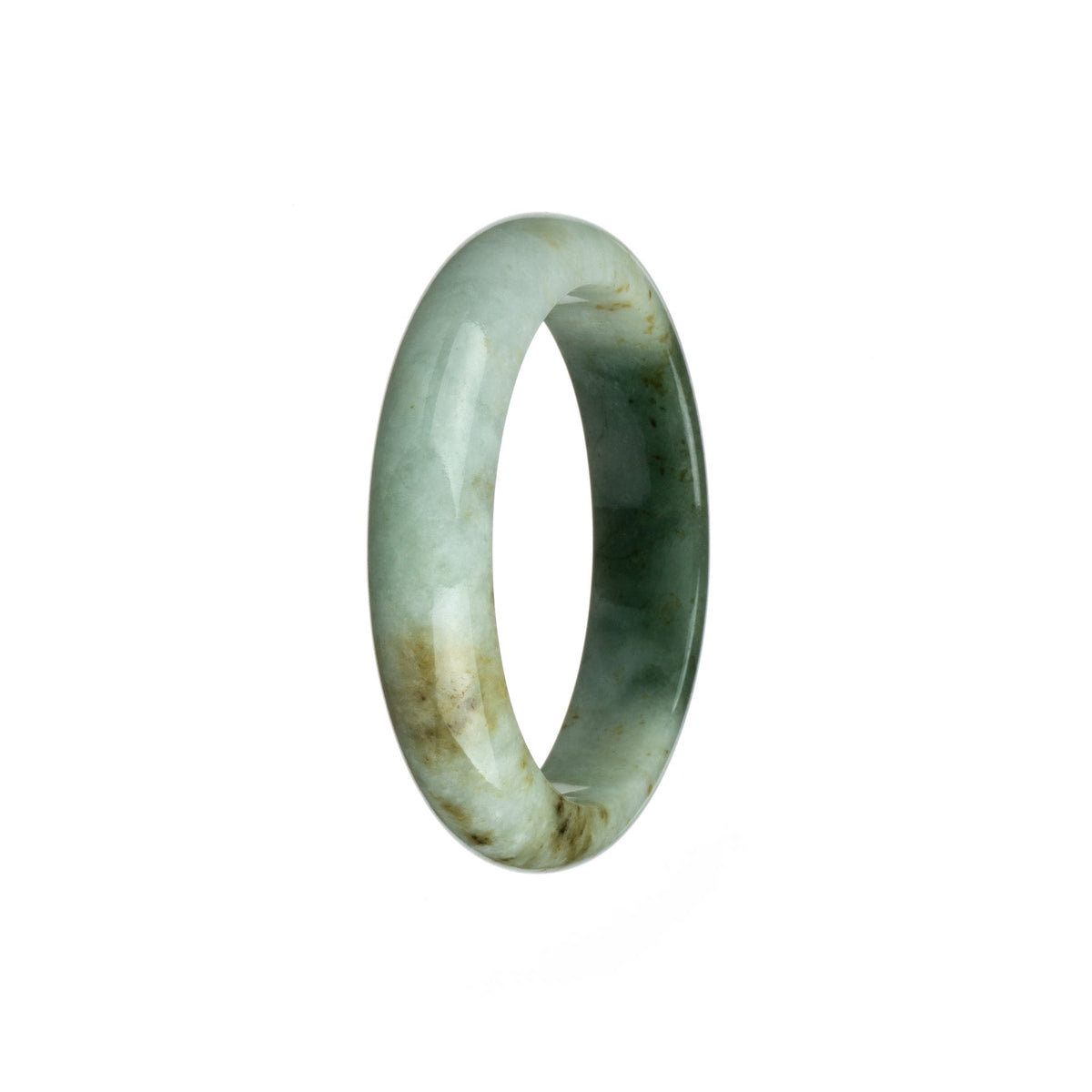 A close-up image of a beautiful jade bracelet. The bracelet is made of genuine white and green jade stones, arranged in a traditional design. It features a 53mm half moon shape, with intricate details and a smooth finish. The bracelet is from the brand MAYS.