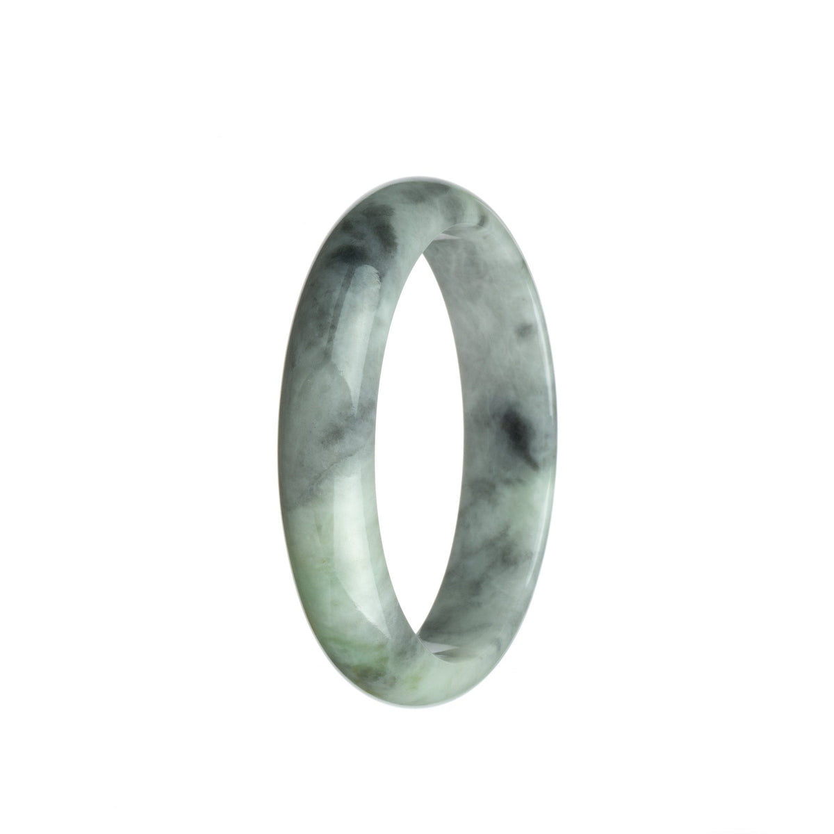 A close-up photo of a stunning grey-green patterned Burmese jade bracelet. The bracelet is in the shape of a half moon and measures 58mm in size. It exudes an authentic and high-quality vibe.