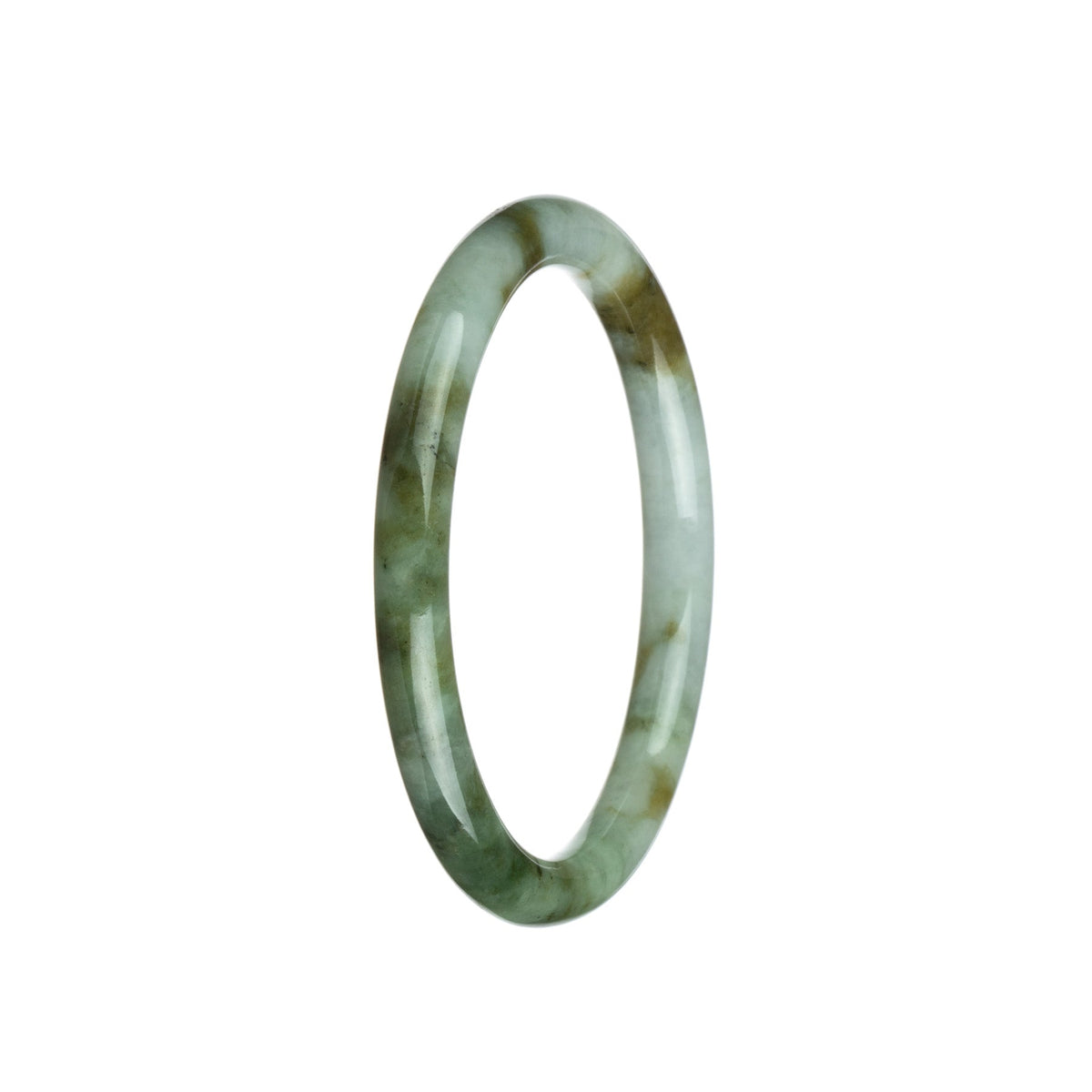 A small round Burma Jade bangle bracelet with a beautiful green, white, and brown pattern. Perfect for adding a touch of elegance to any outfit.