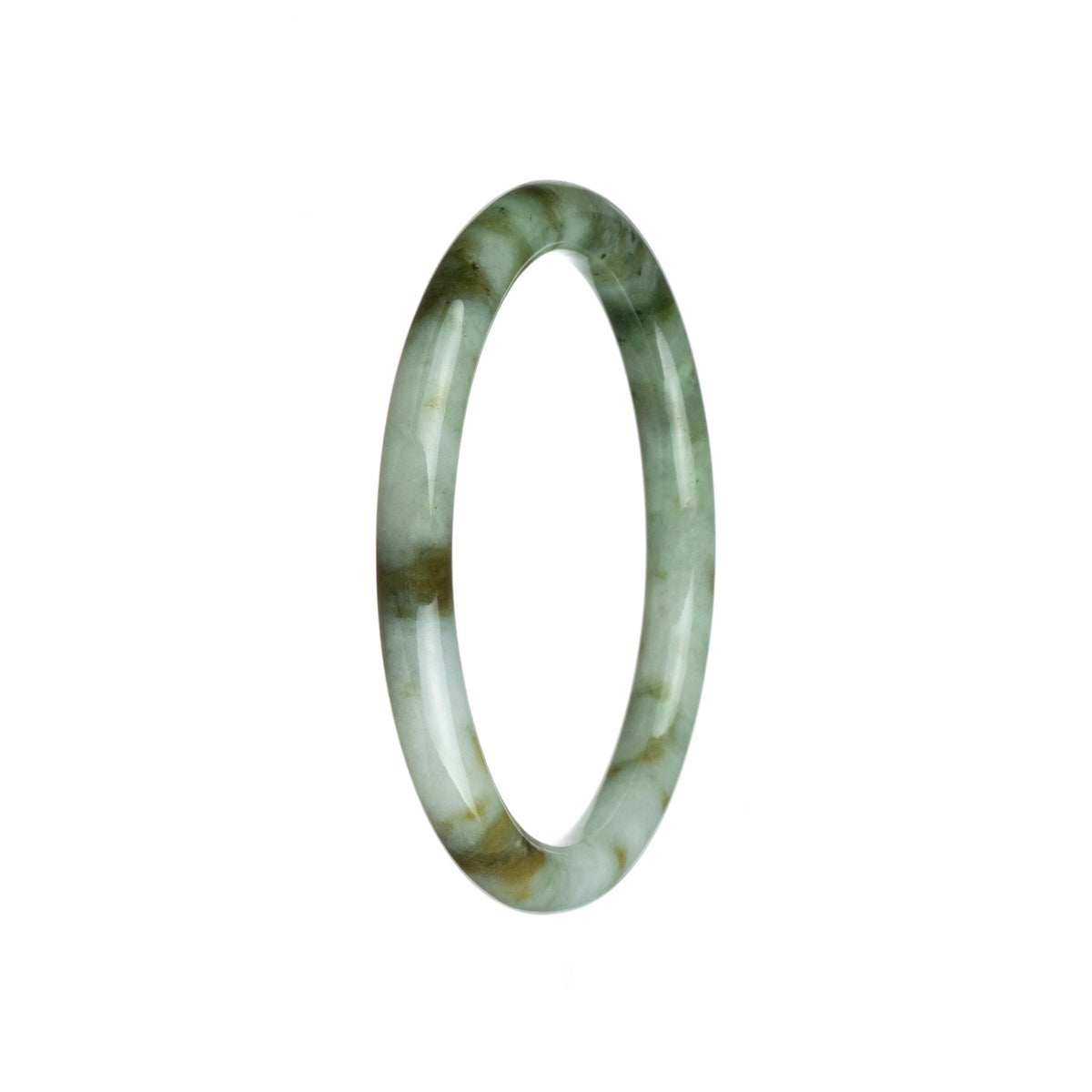 A small round jade bangle bracelet with a beautiful green, white, and brown pattern. Perfect for adding a touch of elegance to any outfit.