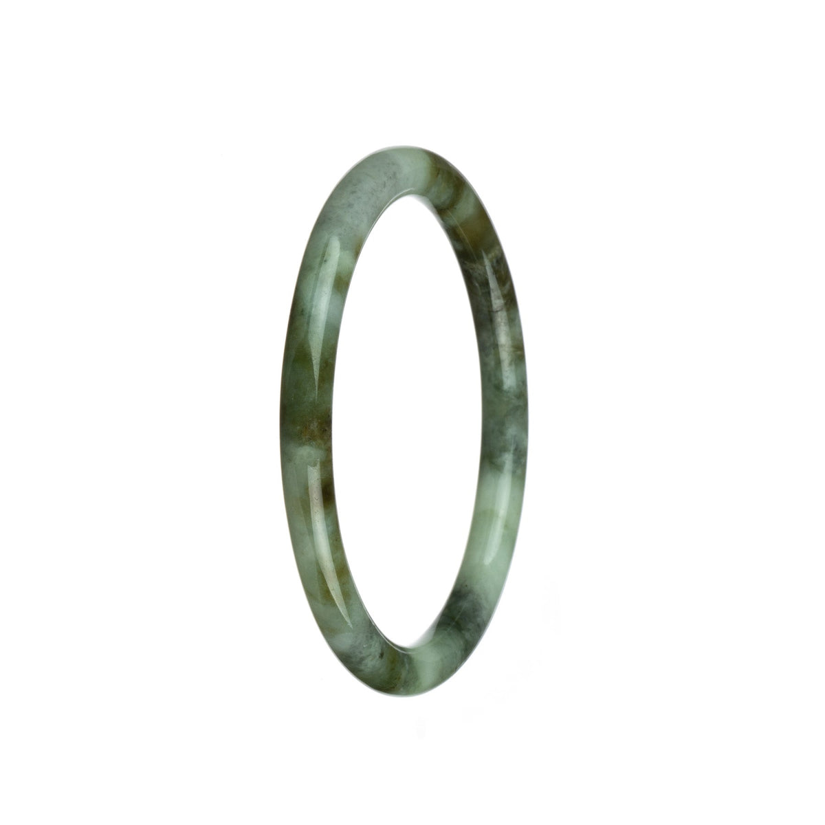 A close-up photo of a small round jade bangle bracelet in pale green and brown colors. The jade has a traditional pattern.