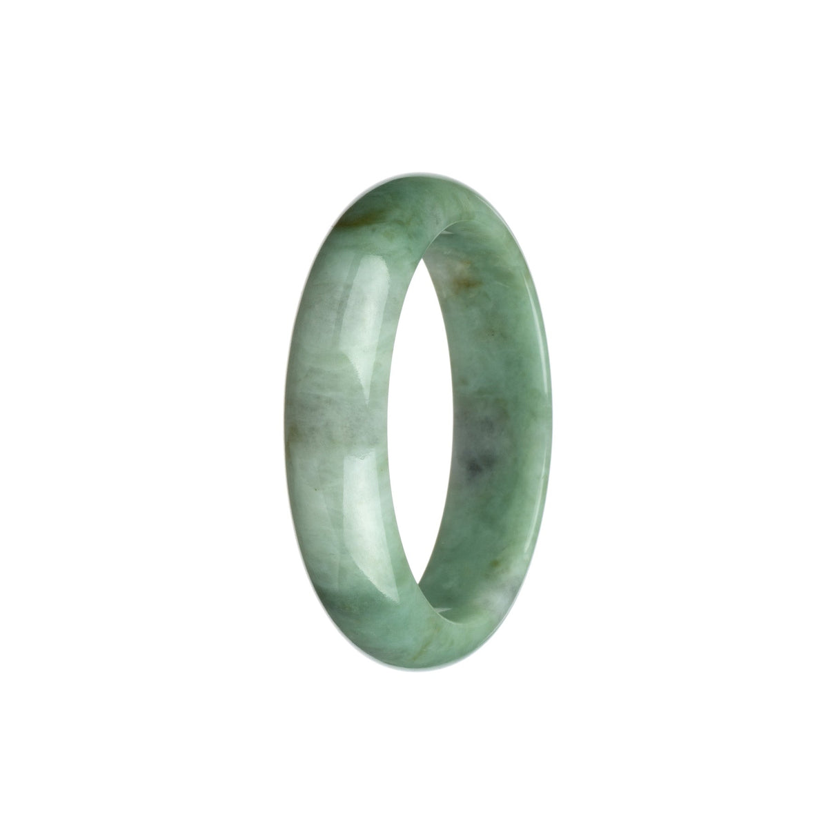 A half-moon shaped traditional jade bangle with a certified untreated green and white pattern, measuring 54mm. From MAYS GEMS.