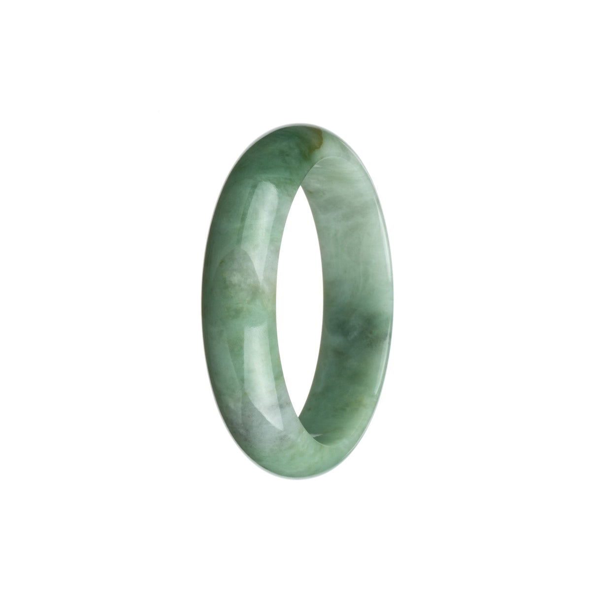 A close-up image of a beautiful green and white jade bangle with a unique half moon pattern. The bangle is made of genuine natural jadeite jade and measures 54mm in diameter. It is a stunning piece of jewelry from the brand MAYS.