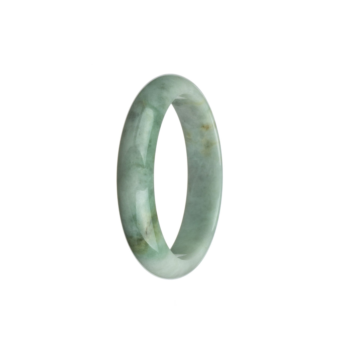 A close-up photo of an authentic Type A white with green jadeite bangle bracelet. The bracelet has a 54mm diameter and features a half-moon shape.