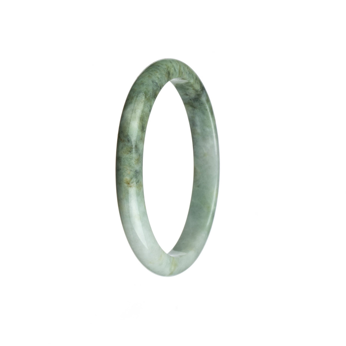 A beautiful semi-round Burma jade bangle in white and grey patterns, untreated and genuine. Measures 53mm in size.
