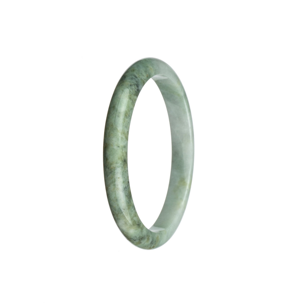 A close-up image of a traditional jade bangle with a white and grey pattern. The bangle is made of high-quality jade and has a semi-round shape, measuring 53mm in diameter. It is certified as Grade A jade and is part of the MAYS™ collection.