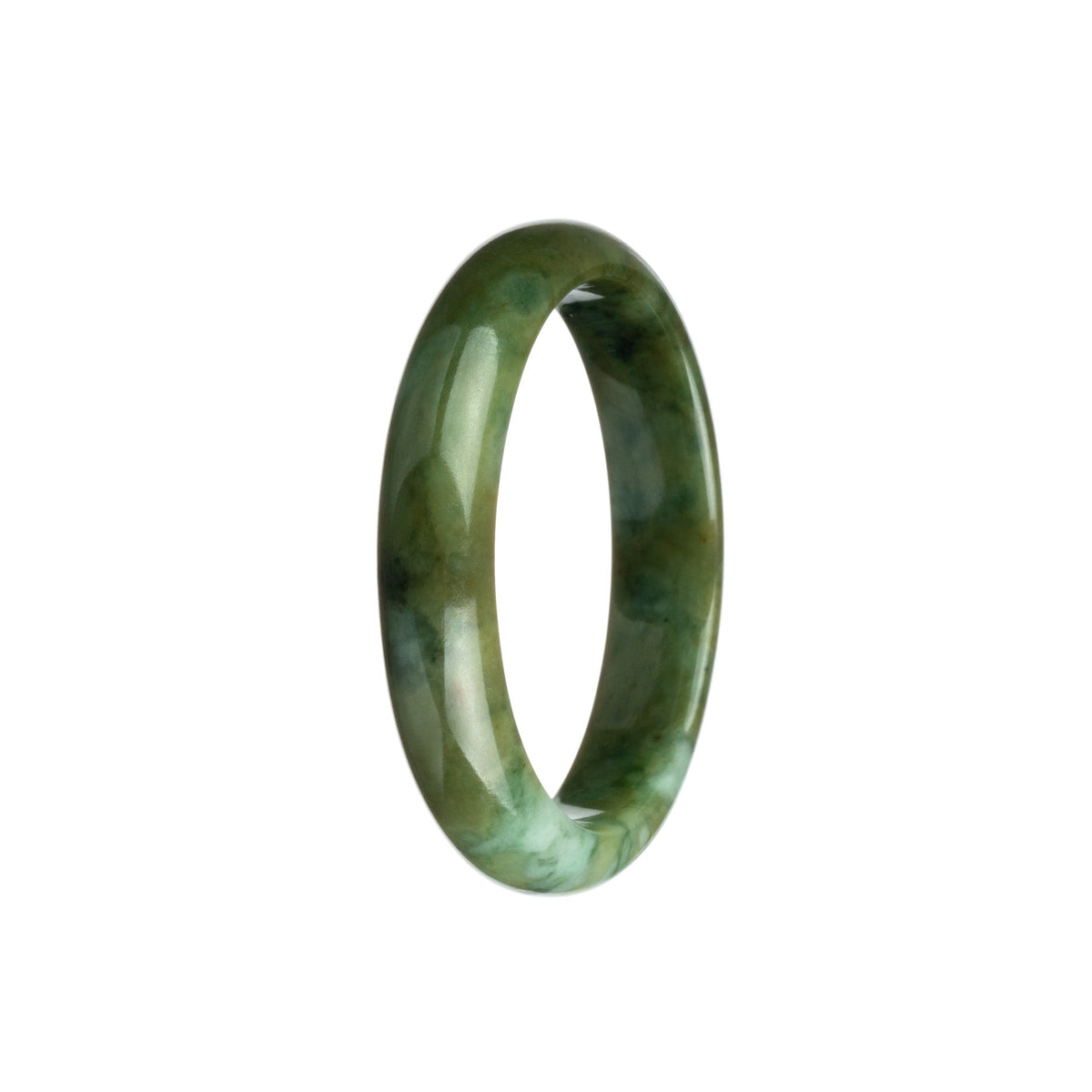 A close-up photo of a genuine grade A olive green traditional jade bangle, featuring a half moon shape with a diameter of 55mm. Offered by MAYS GEMS.