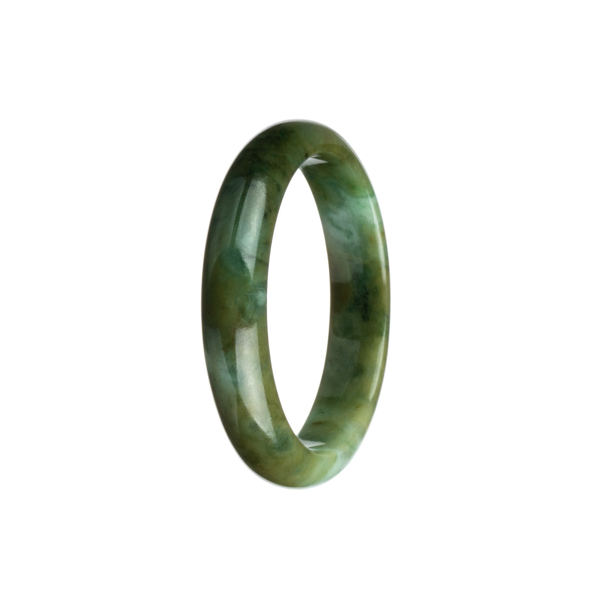 A close-up photo of an olive green bangle bracelet made of natural Burma jade. The bracelet is in the shape of a half moon and has an authentic and earthy feel.