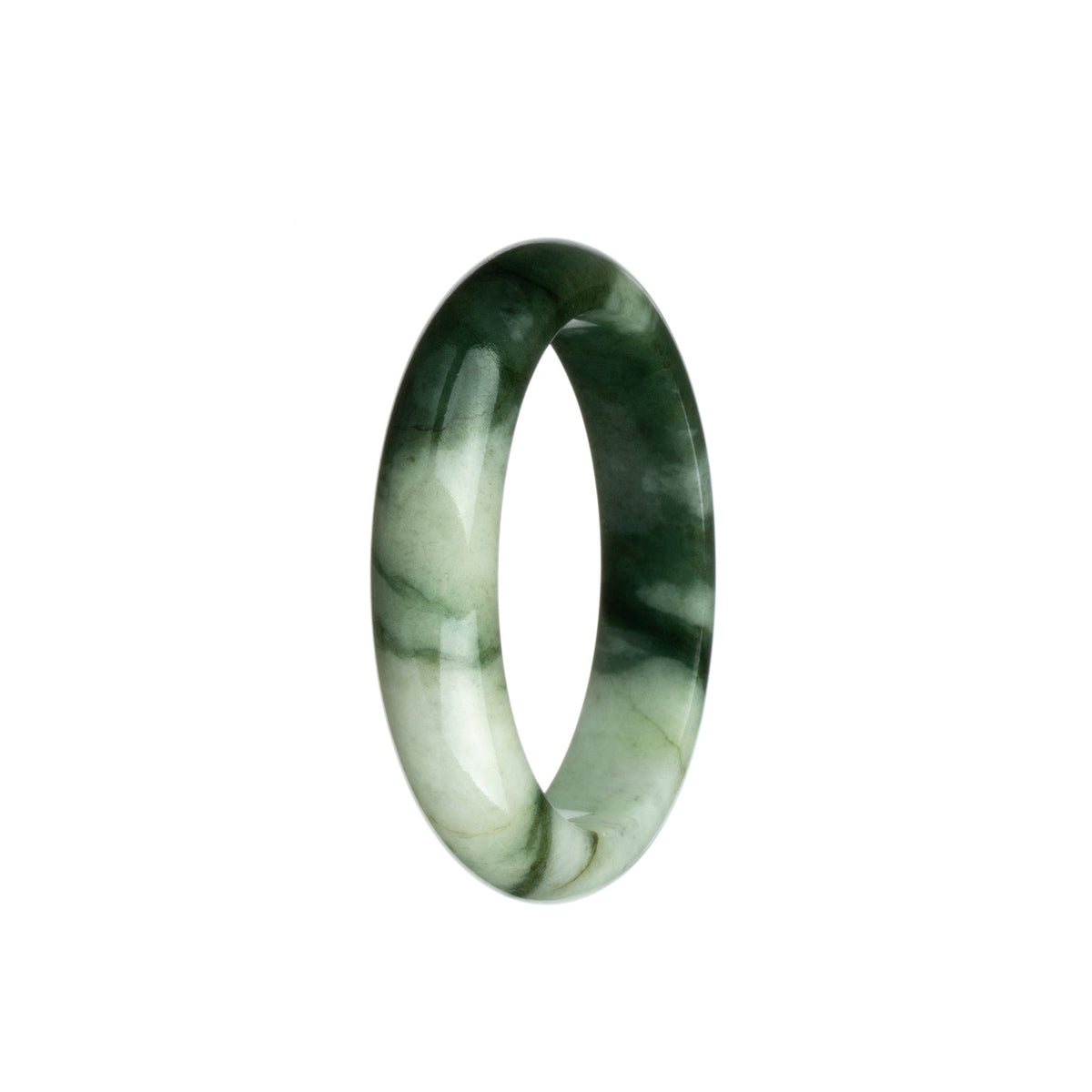 A stunning olive green and white jadeite jade bangle bracelet, certified as Grade A. The bracelet features a 53mm half moon design.