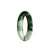 A stunning olive green and white jadeite jade bangle bracelet, certified as Grade A. The bracelet features a 53mm half moon design.