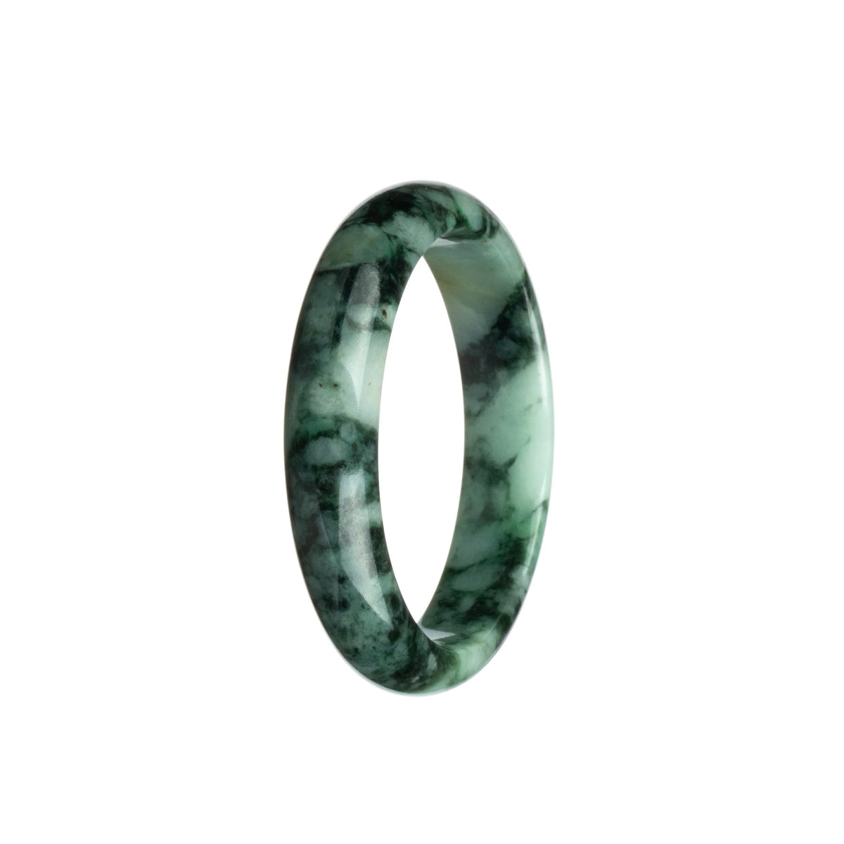 A close-up of a real grade A pale green jade bangle bracelet with a dark green pattern. The bracelet is in the shape of a half moon and measures 54mm in diameter. Created by MAYS GEMS.