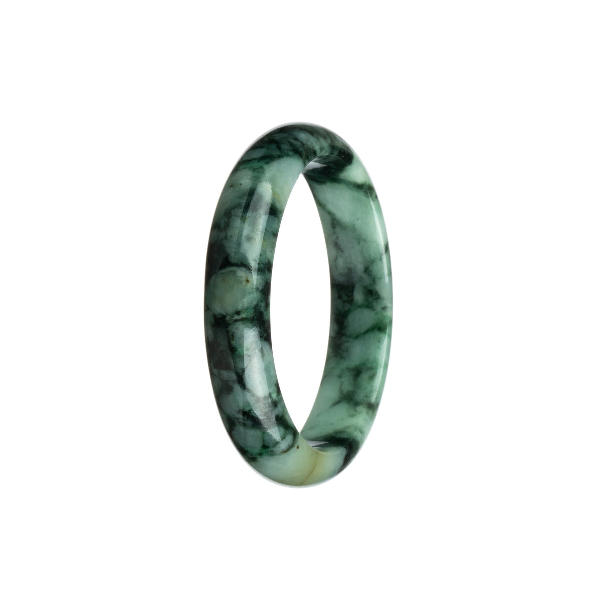 A half moon-shaped jade bracelet in pale green and dark green with a traditional pattern, measuring 54mm.