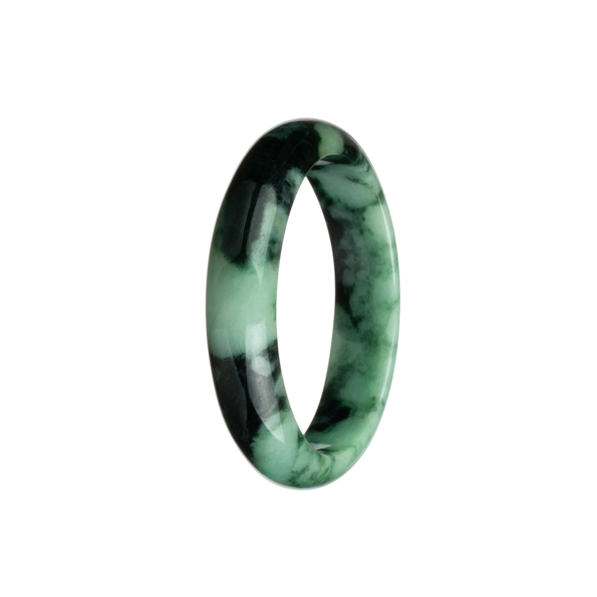 A half-moon shaped jadeite bangle bracelet with a beautiful green and black pattern.