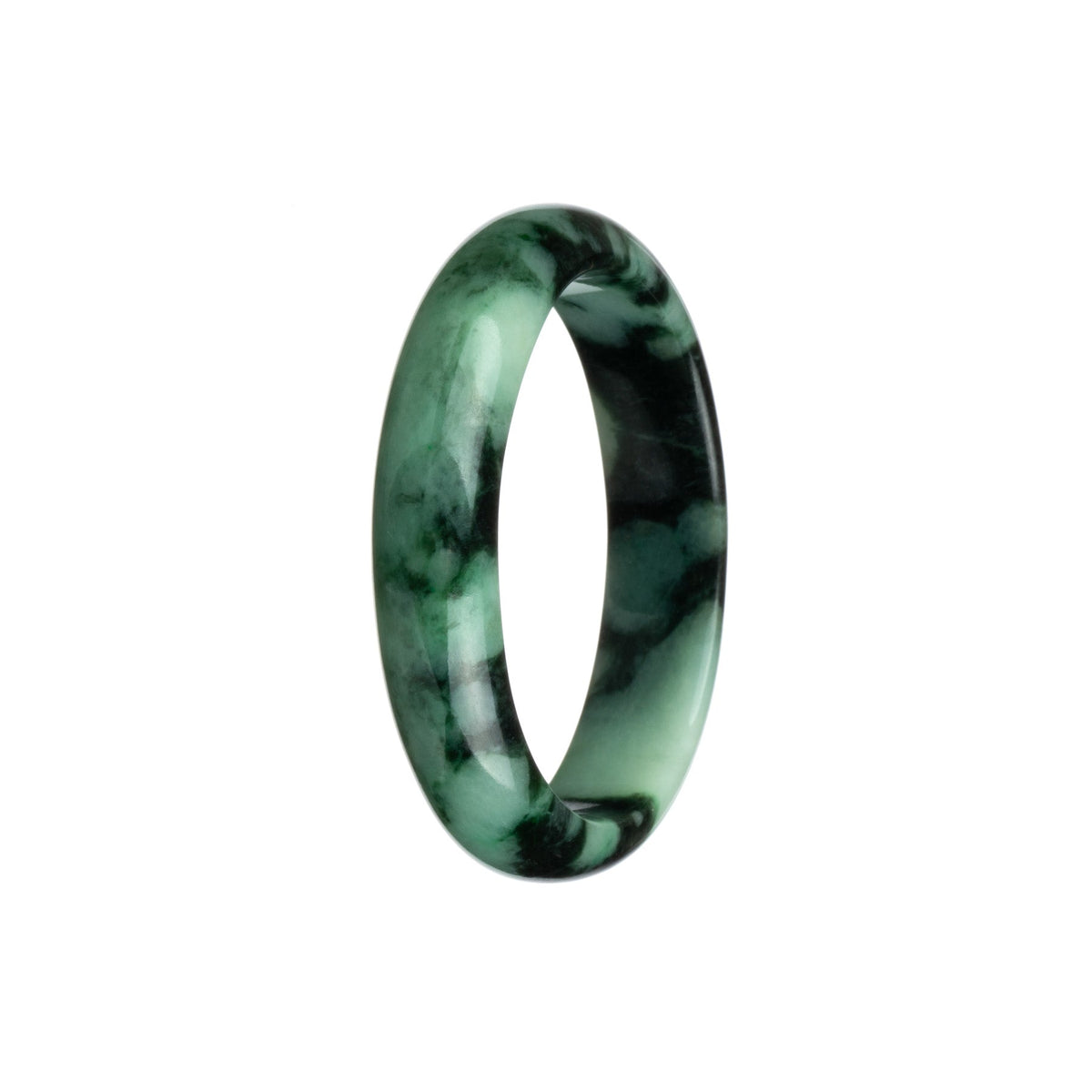 A close-up of a half moon-shaped jade bangle bracelet, featuring a beautiful natural green and black pattern. This authentic Burma jade bracelet is a stunning accessory from MAYS™.