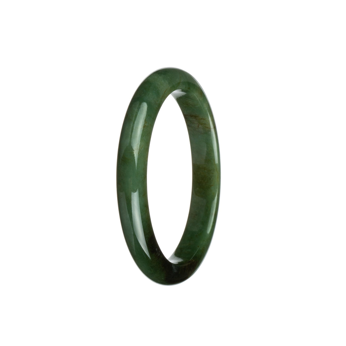 A close-up image of a beautiful green Burma Jade bangle bracelet, showcasing its natural and vibrant color. The bracelet is semi-round in shape and measures 56mm in diameter. Perfect for adding a touch of elegance and earthy charm to any outfit.