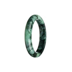 A beautiful half moon shaped Burmese Jade bracelet with a unique green and black pattern.