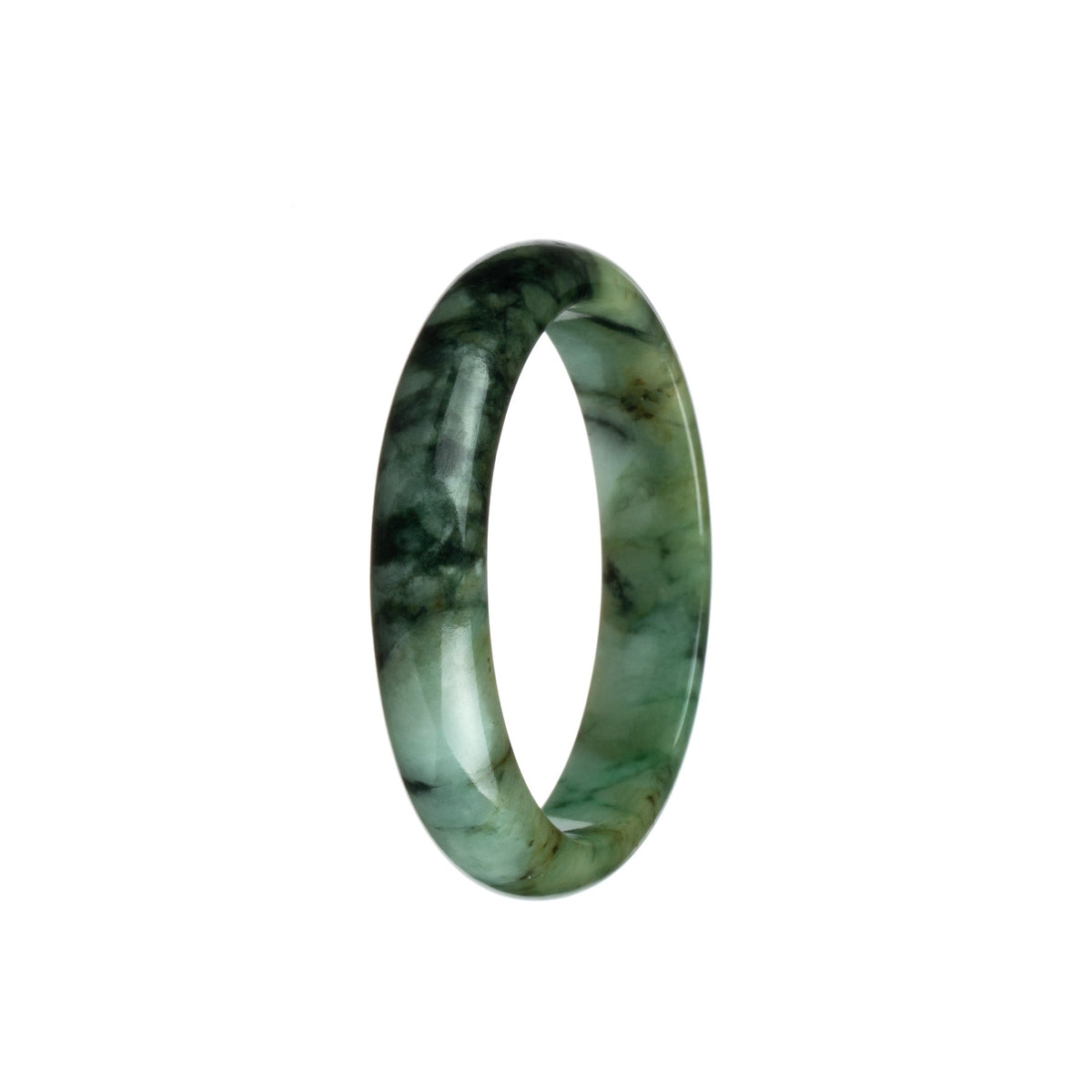 Close-up of a green and black patterned jade bangle with a half moon shape, certified as Type A.