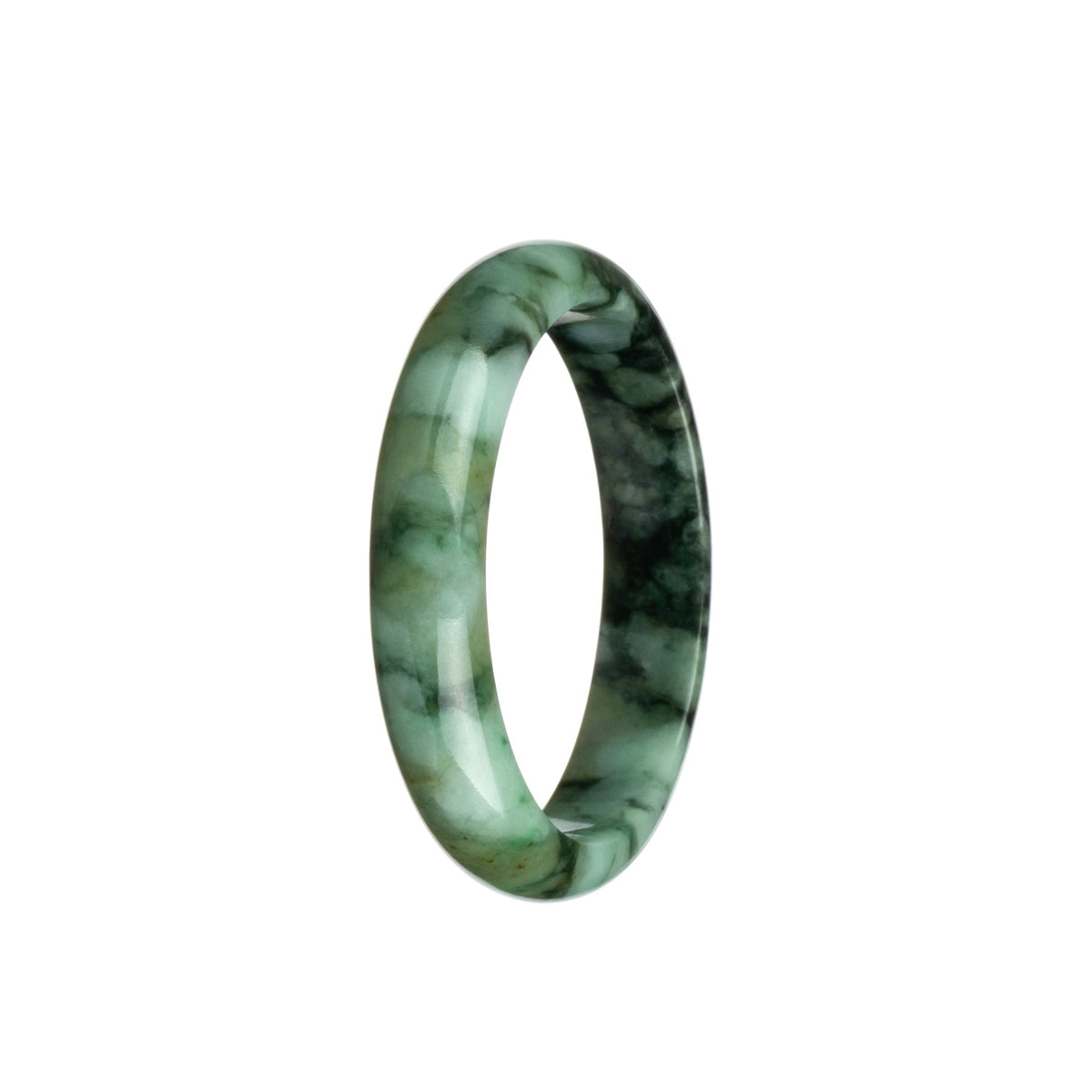 A beautiful green and black patterned traditional jade bangle, certified Grade A, in a 54mm half moon shape. Perfect for adding a touch of elegance to any outfit.
