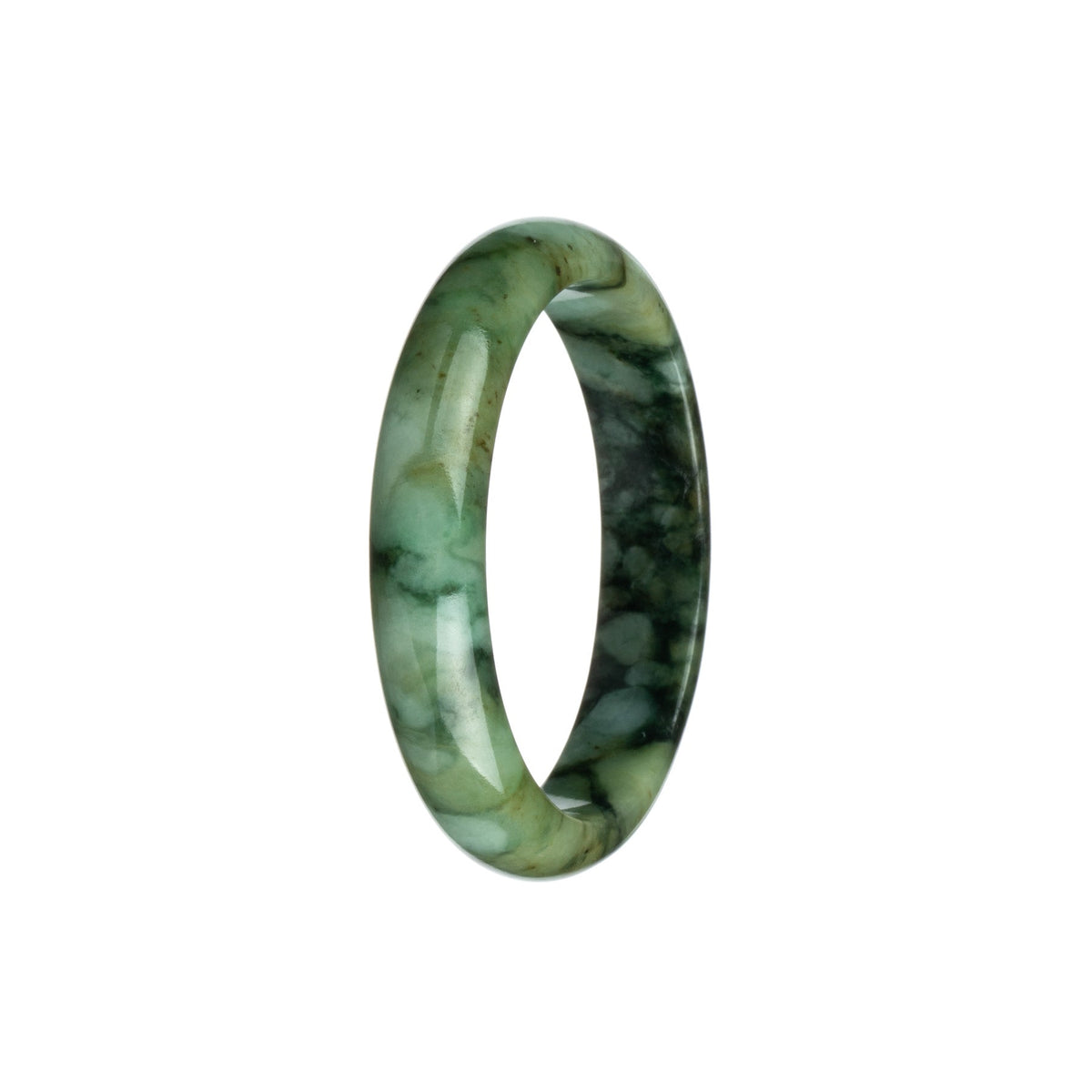 Certified Type A Green and Black Pattern Jade Bangle - 54mm Half Moon