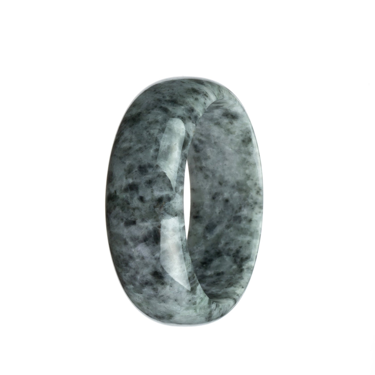 A beautiful grey patterned jade bangle bracelet with a half moon shape, crafted from genuine natural jadeite jade.