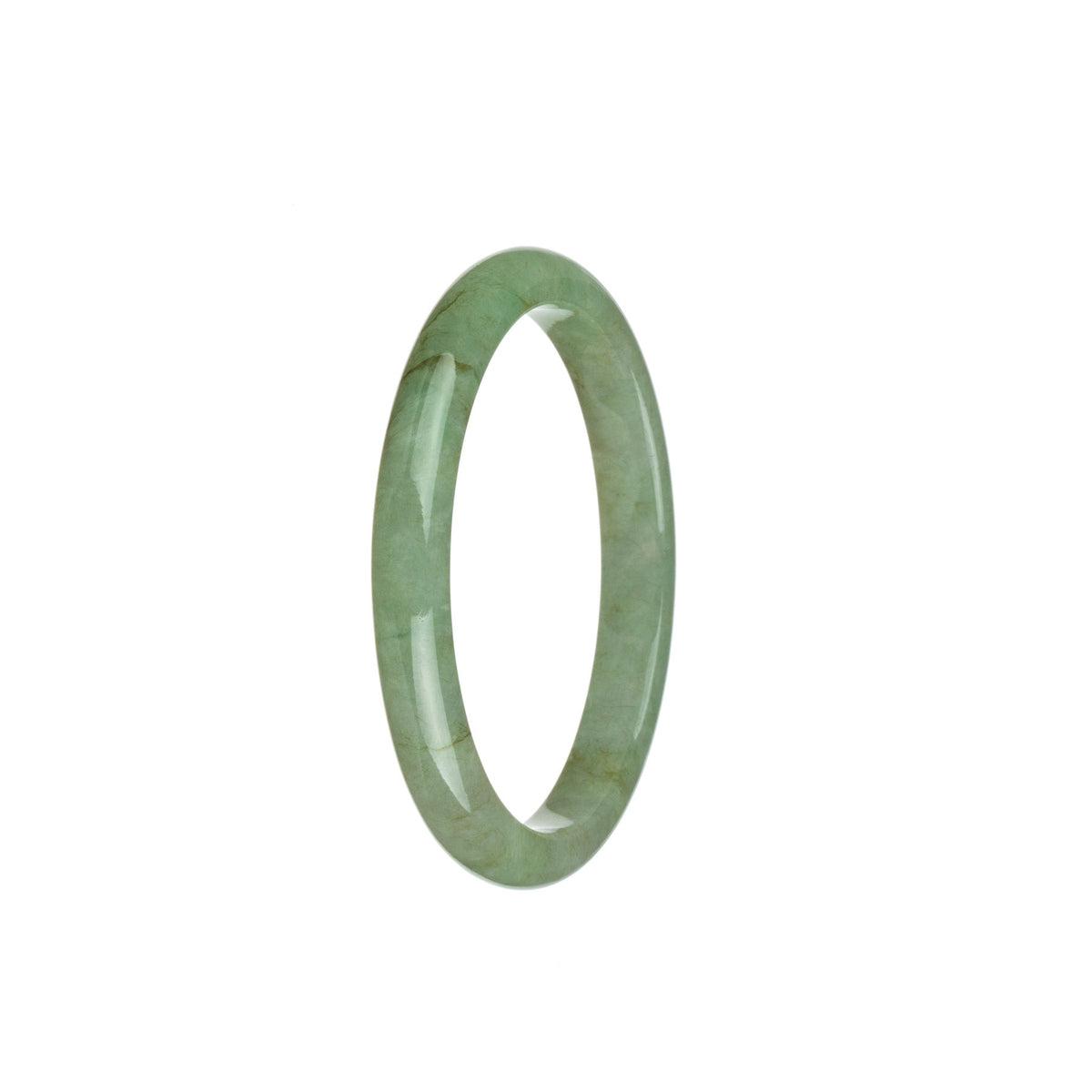 A close-up image of a beautiful and elegant certified natural light green jadeite bangle bracelet. The bracelet has a semi-round shape and measures approximately 54mm in diameter. It features a stunning light green color, signifying its high-quality jadeite gemstone. This bracelet is an exquisite piece of jewelry, perfect for adding a touch of sophistication to any outfit.