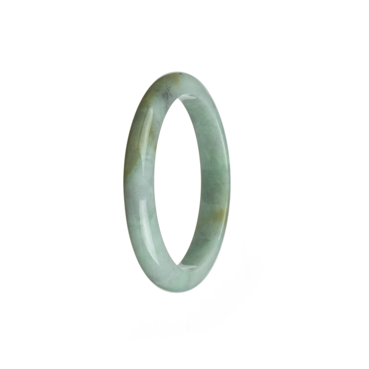 A close-up photo of a semi-round, genuine untreated white and light brown jade bangle with a diameter of 53mm. The bangle has a smooth and polished surface, showcasing the natural beauty of the jade.