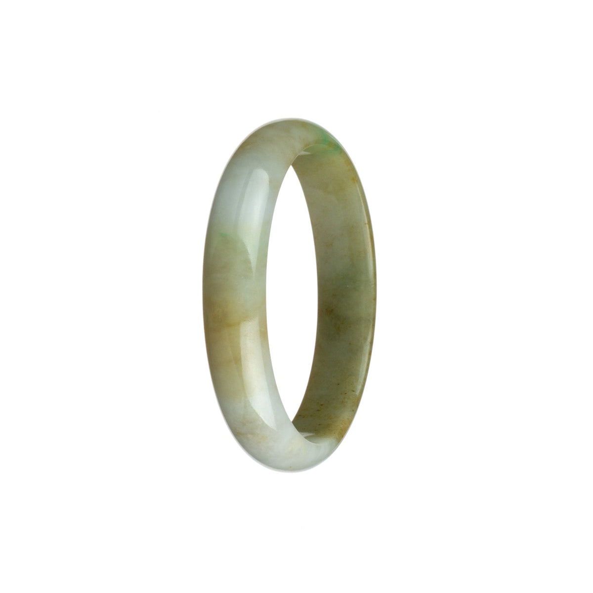 A beautiful oval-shaped jadeite bangle with a natural, untreated yellowish brown color. The bangle features stunning white and green hues, adding a touch of elegance to any outfit. Measures 54mm in diameter. Created by MAYS.