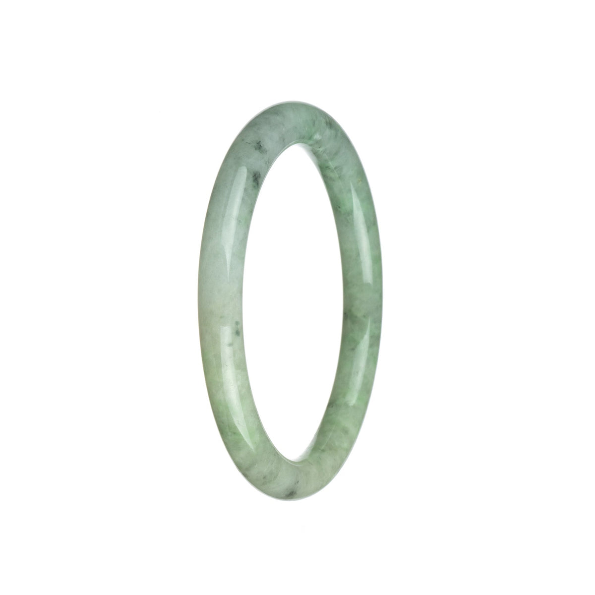 A close-up image of a petite round green and white jade bracelet, made with genuine Grade A Burma jade. The bracelet has a smooth and polished surface, showcasing the natural beauty of the jade.