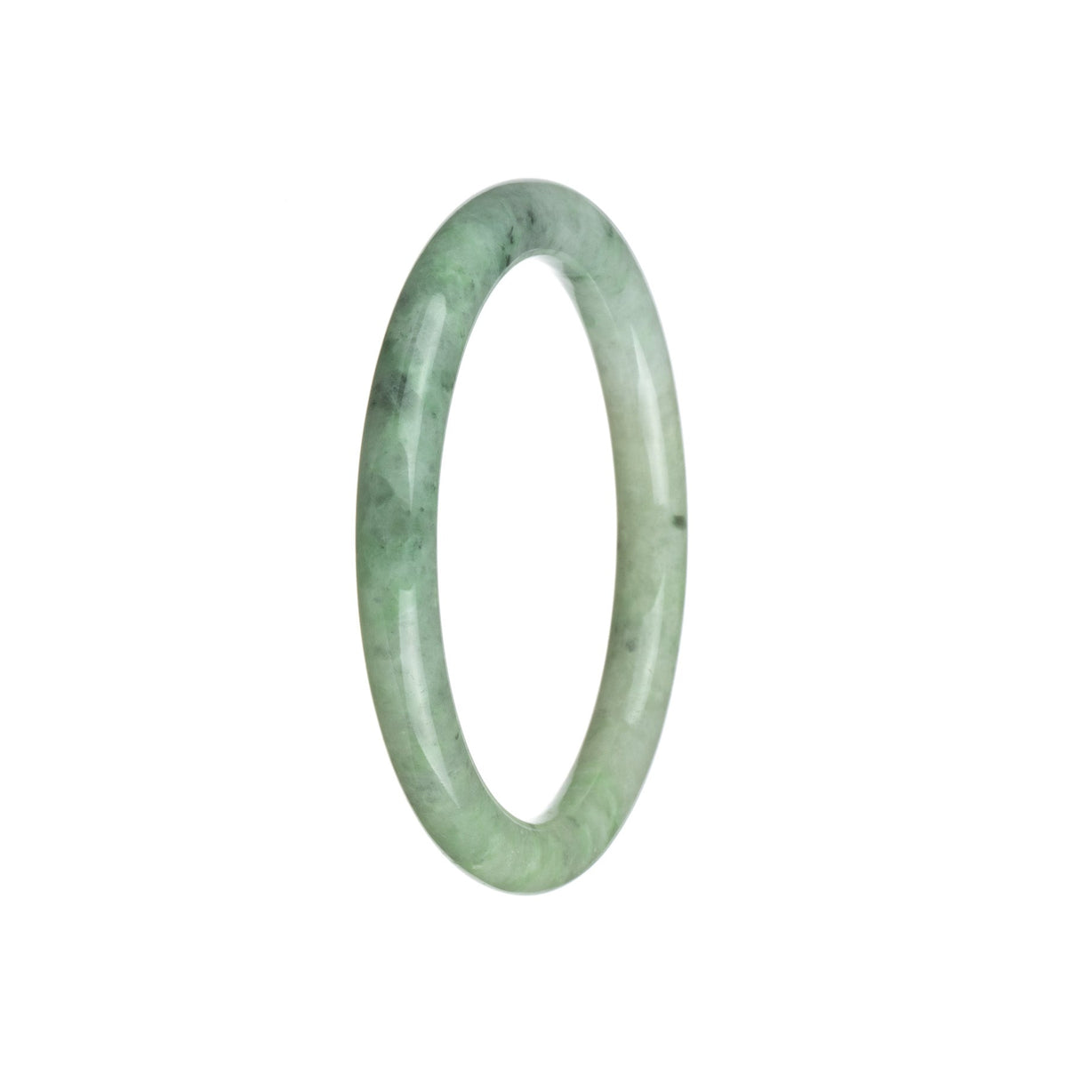 A close-up photo of a beautiful green and white jade bangle bracelet with a petite round shape, made from genuine Grade A Burmese jade. The bracelet is from the MAYS collection.