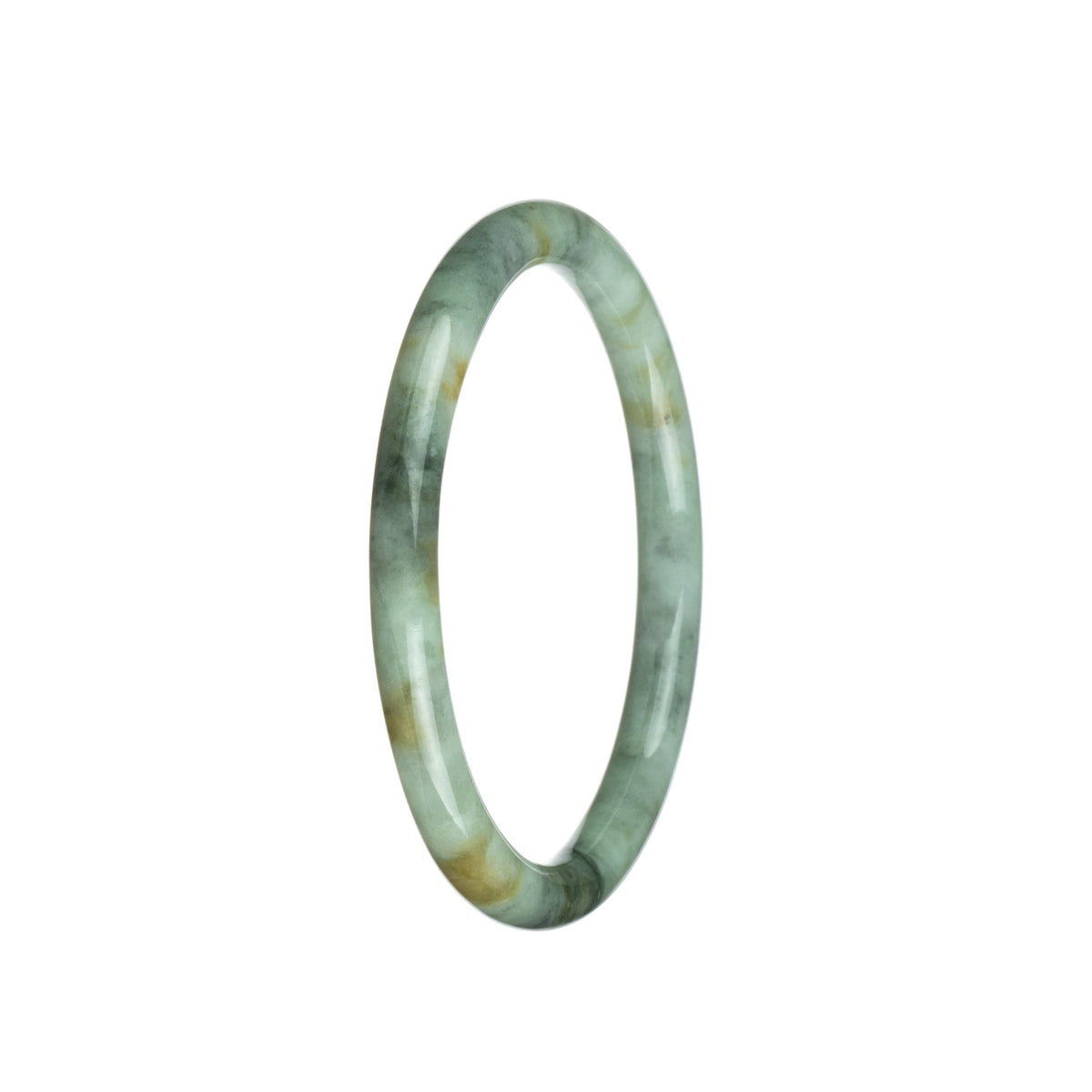 A close-up image of a petite round jade bangle bracelet with a greyish white and grey pattern. The bracelet is made of genuine Type A jade.