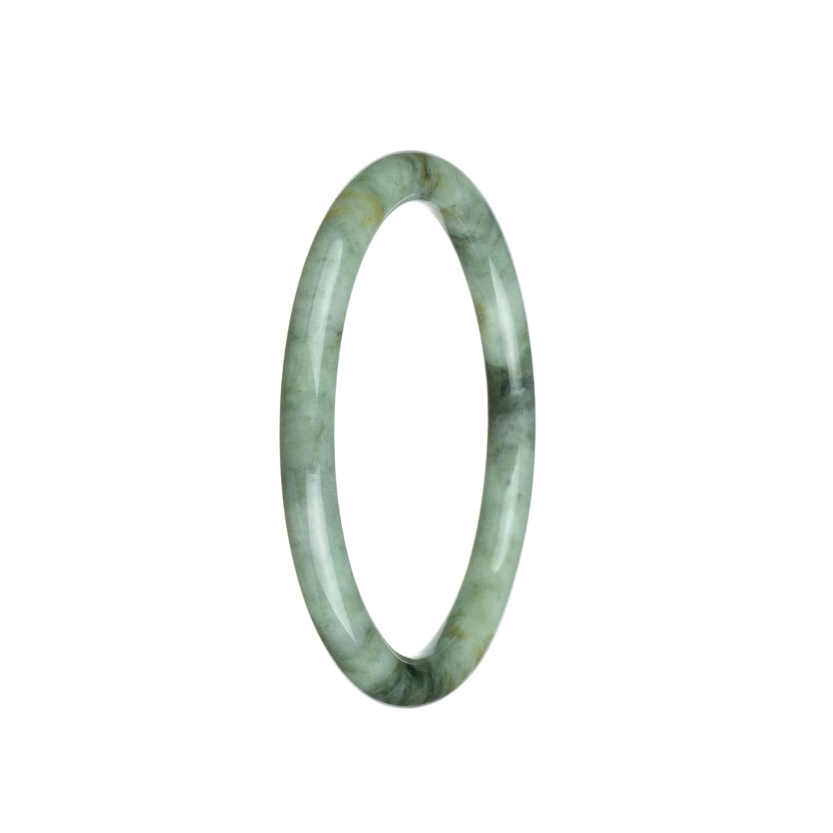 A small, round greyish white and grey patterned jadeite jade bangle bracelet measuring 61mm in size.