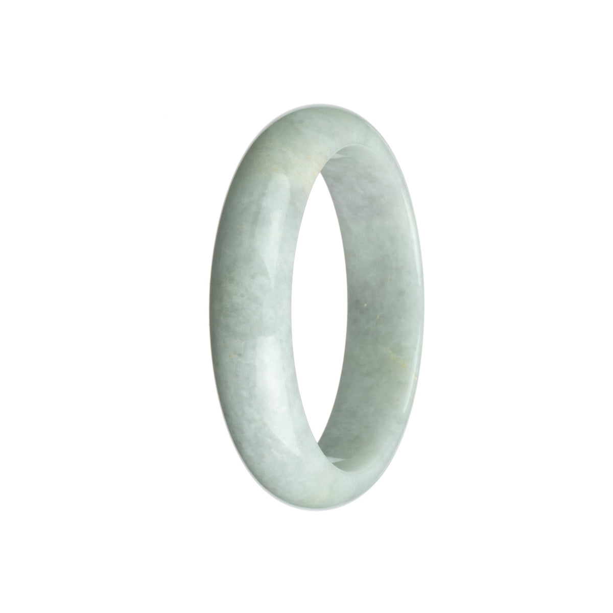 A close-up image of a stunning white Burma jade bracelet with a half-moon shape, measuring 58mm. This genuine, untreated jade piece is a beautiful addition to any jewelry collection.