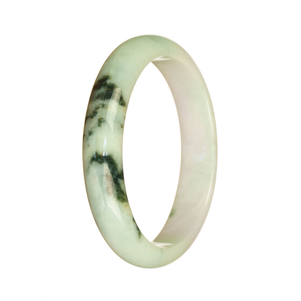 A close-up of a beautiful white and lavender pattern jadeite bangle bracelet, shaped like a half moon. The intricate design and high-quality grade A jadeite make this bracelet a must-have accessory.