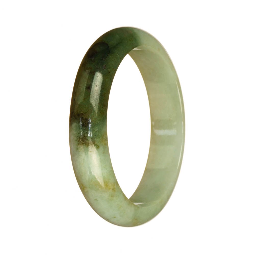 A close-up of a stunning white and olive green jade bracelet, featuring a half moon shape and measuring 57mm. The natural beauty and authenticity of the untreated jade shines through in this exquisite piece of jewelry from MAYS GEMS.