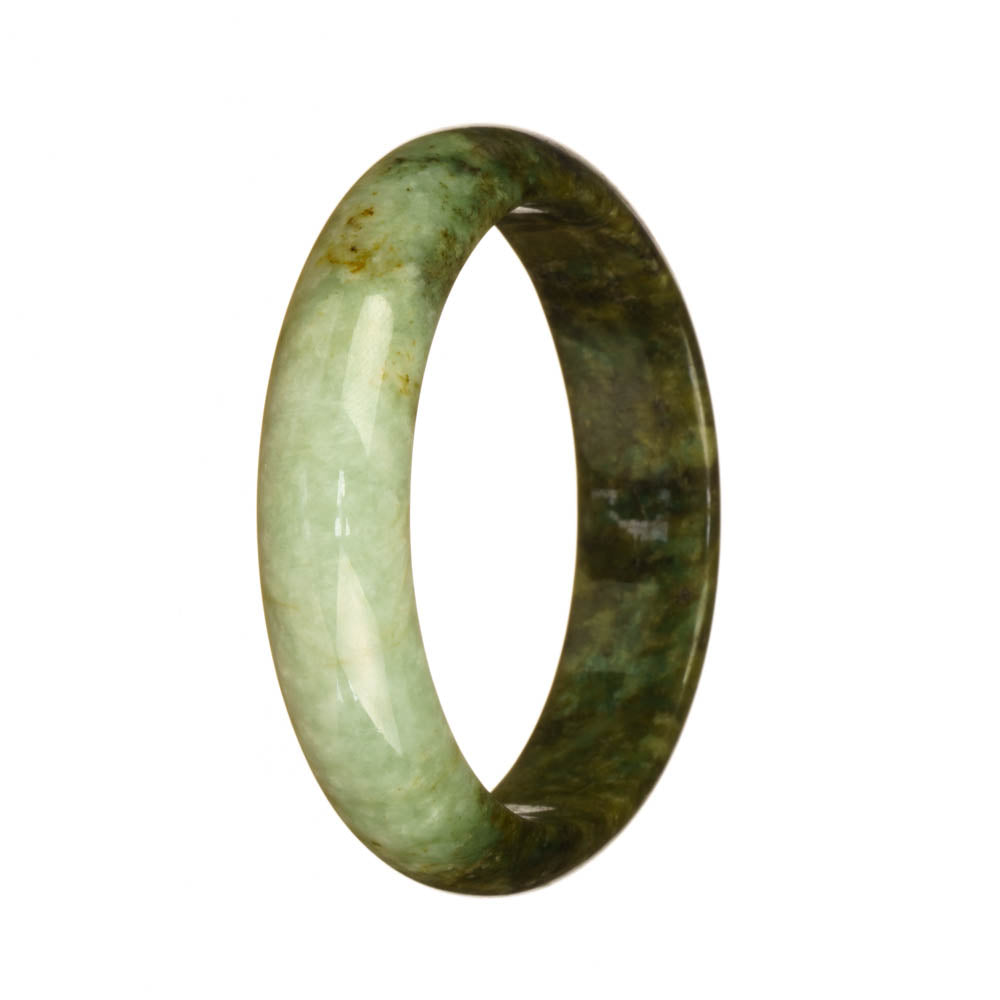 A half moon-shaped jadeite jade bangle bracelet with a real natural green and white pattern.