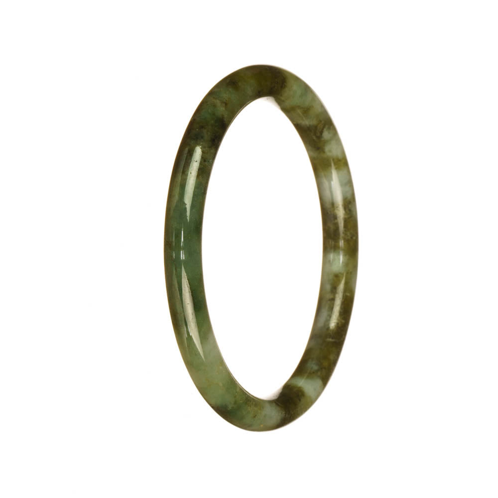 Close-up image of a petite round olive green traditional jade bracelet, certified Grade A. The bracelet features an intricate pattern, showcasing the natural beauty of the jade stone. Perfect for adding a touch of elegance to any outfit.