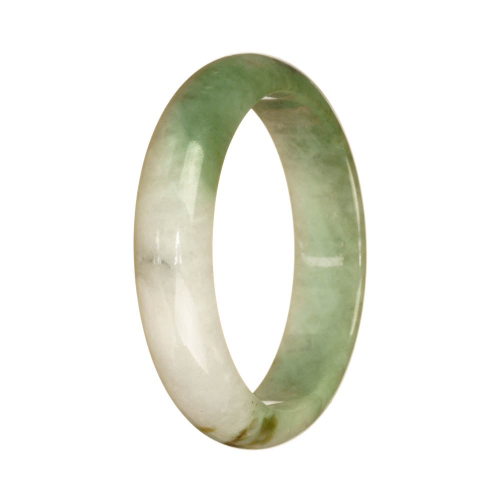 A beautiful green and white patterned Burmese jade bangle bracelet, certified Grade A. This bracelet features a 57mm half moon shape and is a luxurious addition to any jewelry collection. Designed by MAYS™.