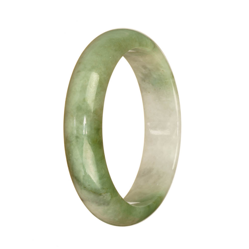 A beautiful jade bracelet featuring an authentic Grade A green and white pattern jadeite jade. The bracelet is designed in a 57mm half moon shape, making it a unique and elegant piece of jewelry.