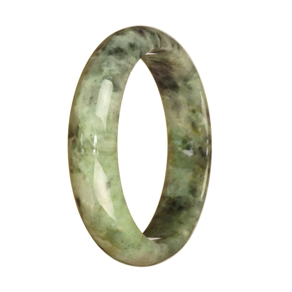 A close-up photo of a half moon-shaped jadeite bracelet with a grey pattern. The bracelet is made of certified Type A jadeite and has a diameter of 59mm. It is a product from MAYS™.