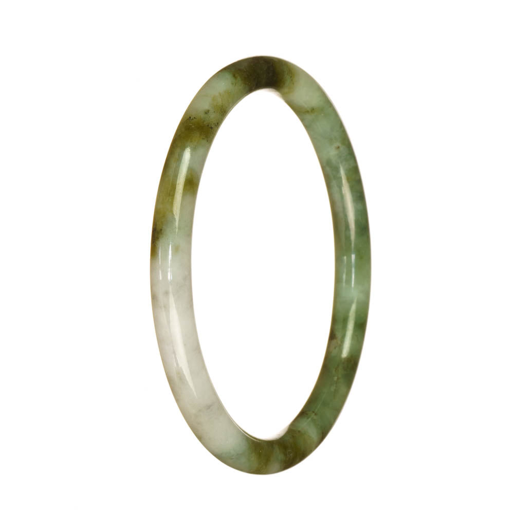 A close-up image of a petite round olive green patterned jade bangle bracelet made from high-quality grade A jadeite.