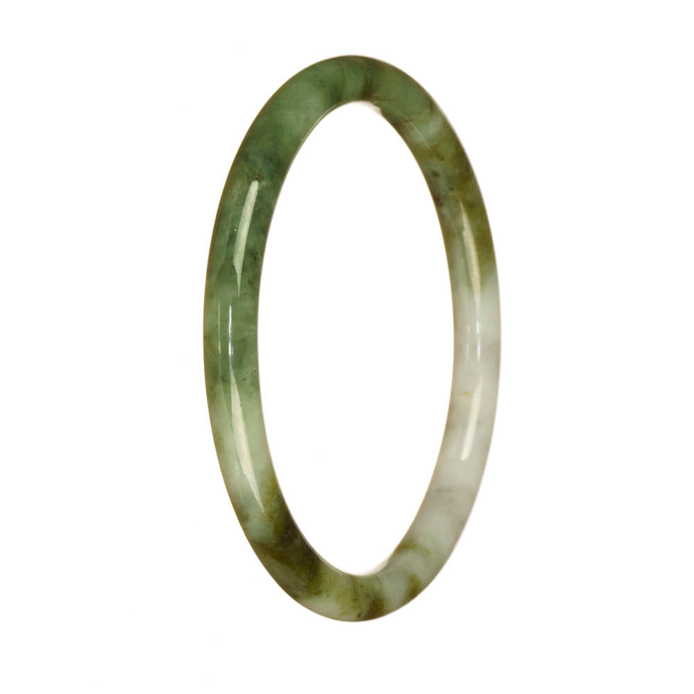 A close-up photo of an olive green patterned jade bangle. The bangle is petite and round, measuring 62mm in diameter. It has an authentic grade A quality and is sold by MAYS.