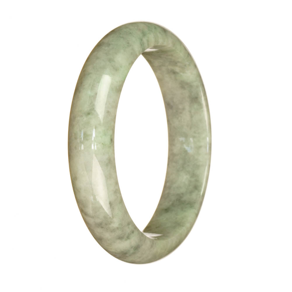 A close-up image of a half moon-shaped untreated grey pattern jade bangle, measuring 59mm in diameter. The bangle features intricate grey patterns on its surface, showcasing the natural beauty of the jade stone. Created by MAYS GEMS.