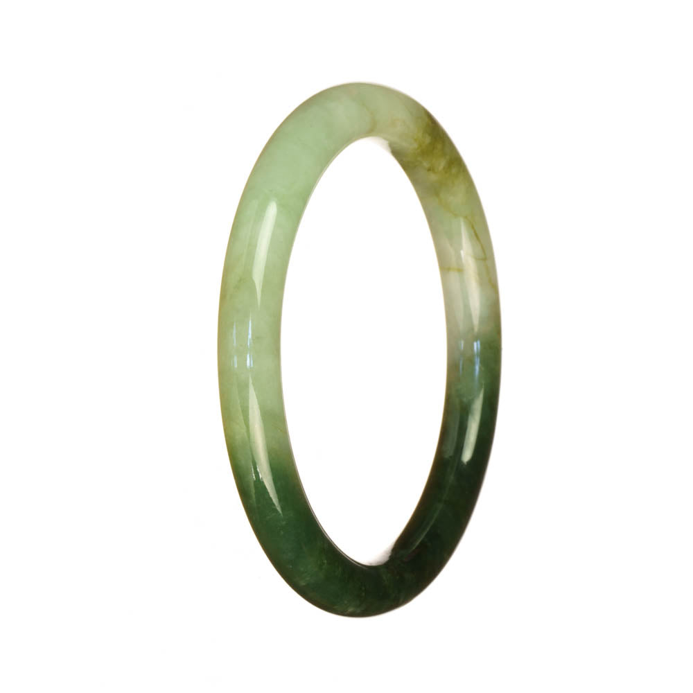 A close-up image of a petite round jade bangle bracelet in natural white and green colors. The bracelet has a traditional design and is made from genuine jade.