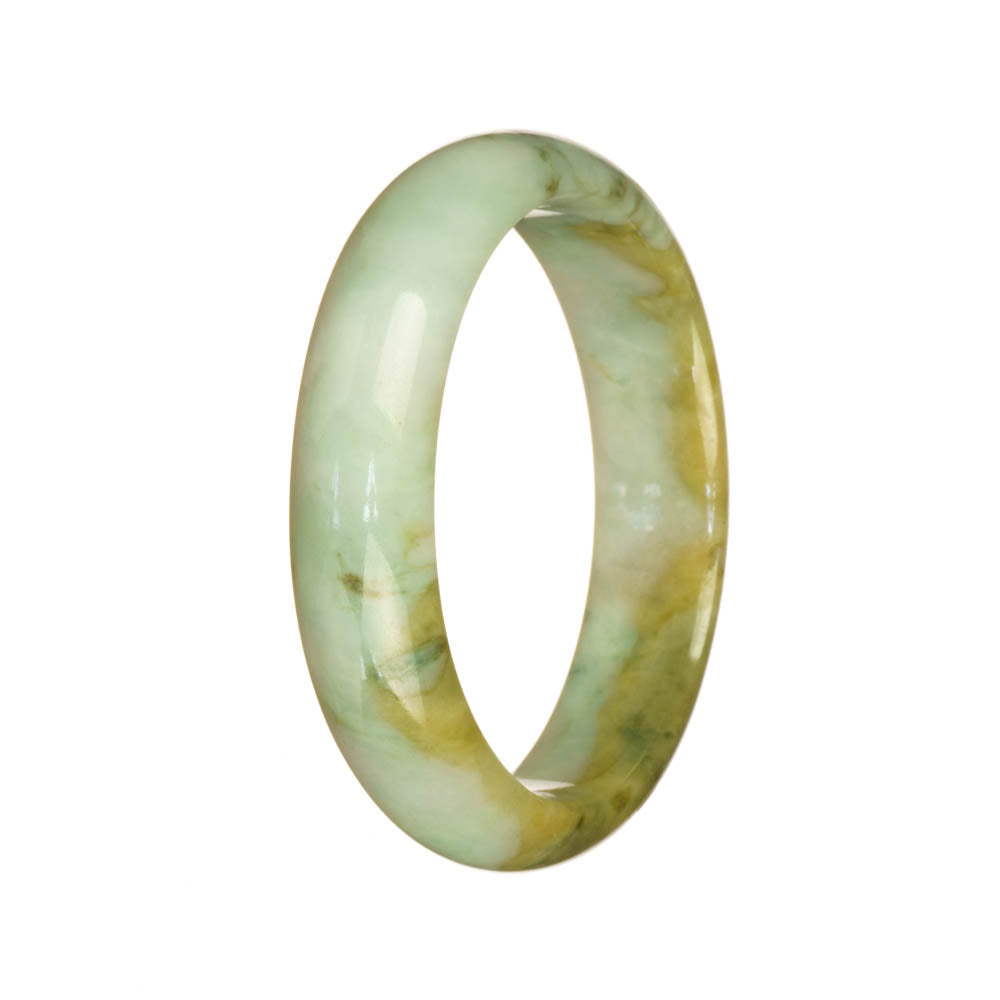 A close-up photo of a half-moon-shaped jade bracelet with a mix of white, green, and brown patterns. The bracelet is made of genuine Type A jade and measures 54mm in size. It is designed by the brand MAYS™.