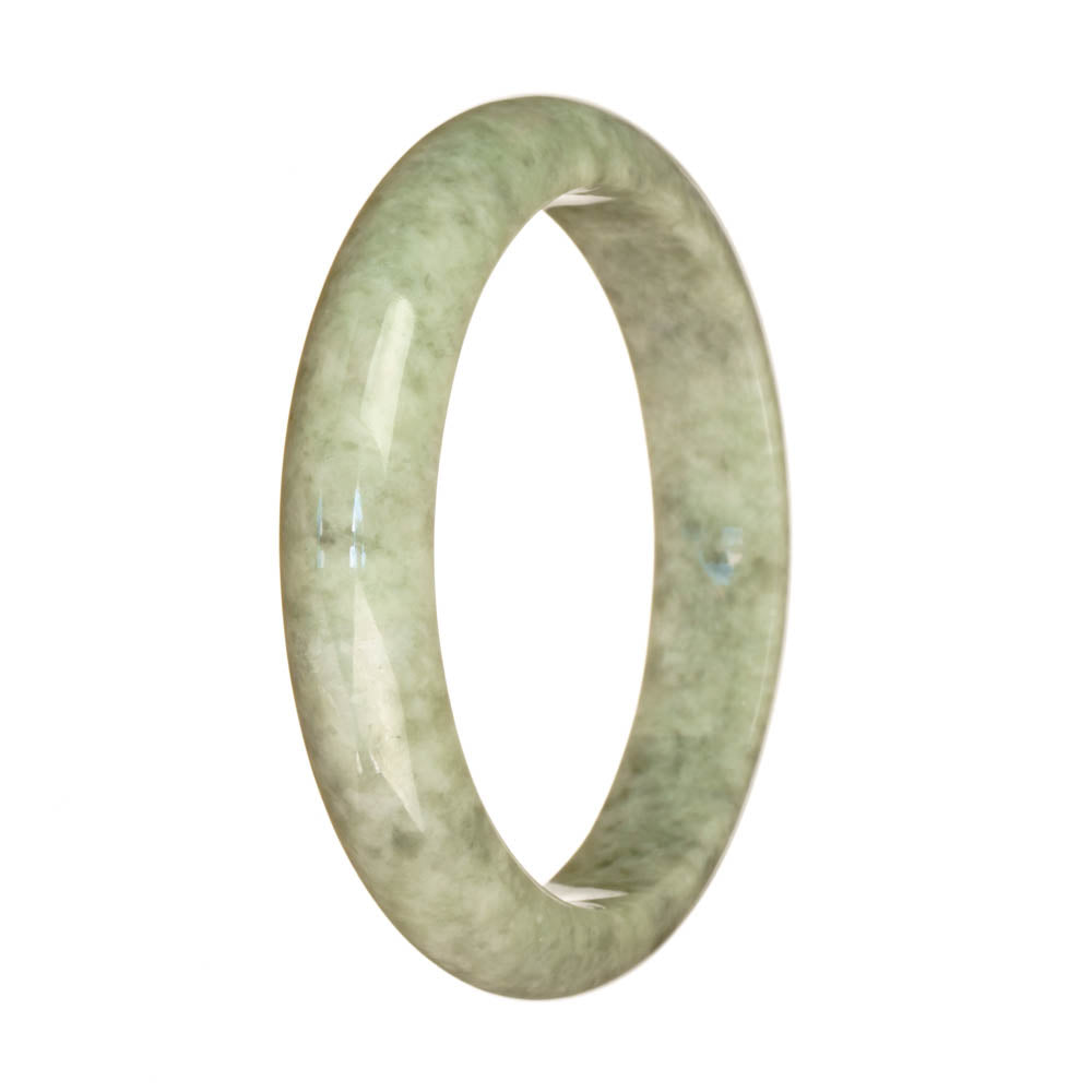 A close-up image of a traditional jade bangle bracelet in shades of grey and white. The bracelet is certified to be made from natural jade and features a half-moon shape. The bangle has a diameter of 59mm and is designed by MAYS.