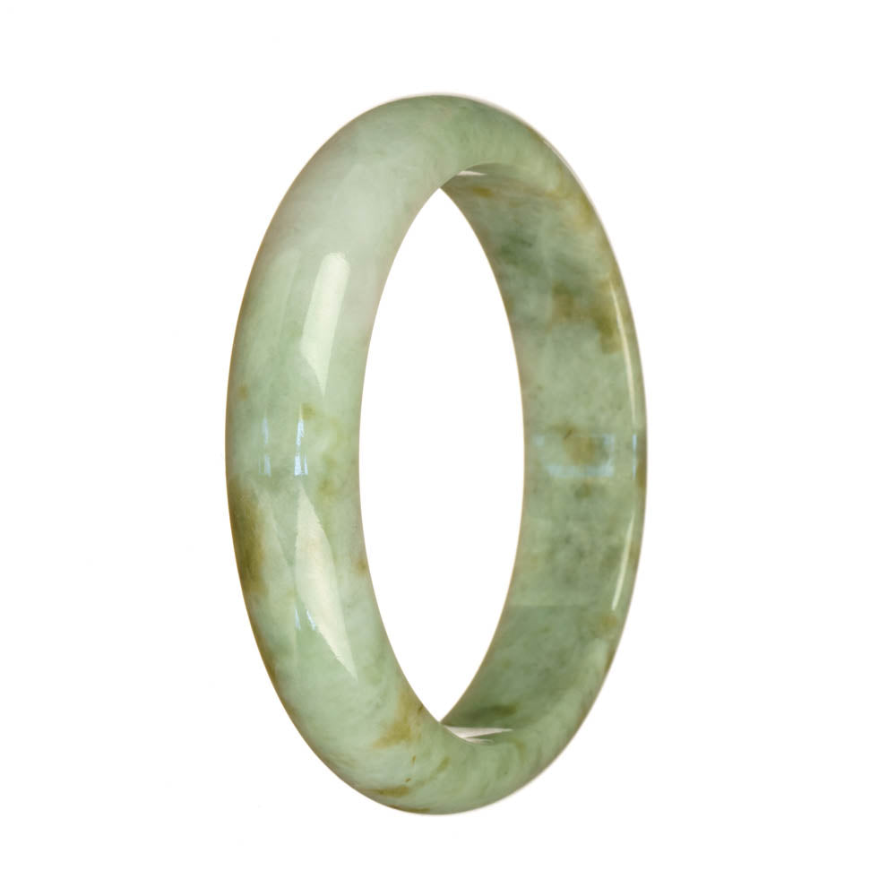 A pale green jade bangle with a half moon design, untreated and genuine, measuring 58mm in size. Sold by MAYS™.
