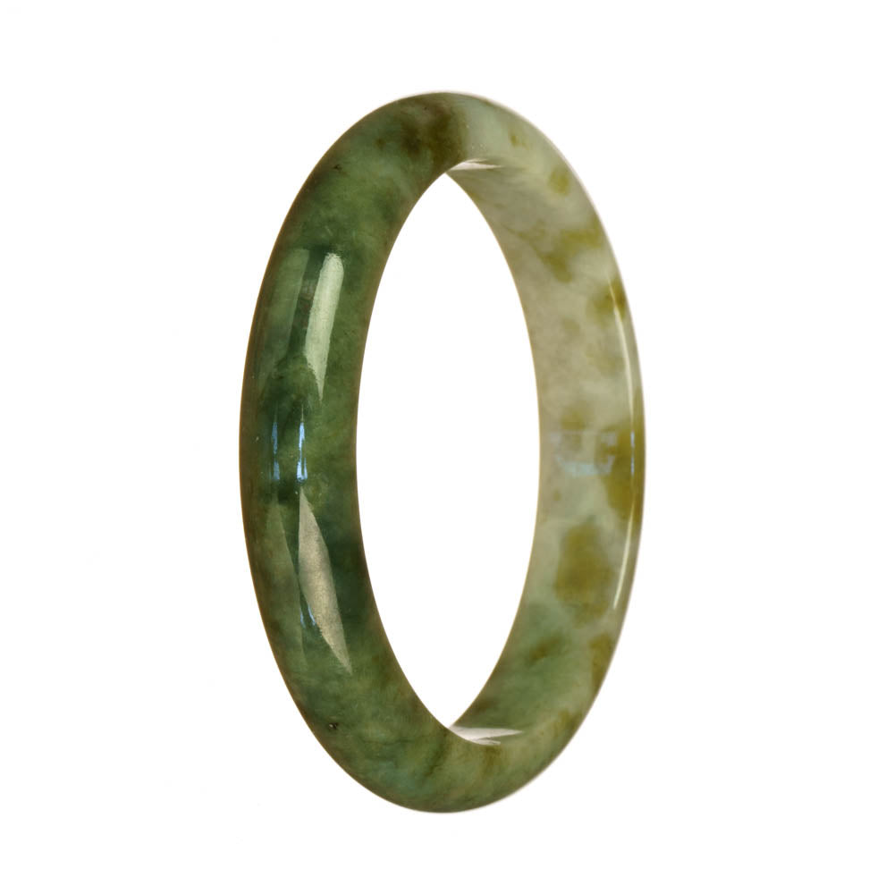 A close-up of a beautiful green and white patterned jade bracelet in a half-moon shape. Perfect for adding elegance and a touch of luxury to any outfit.